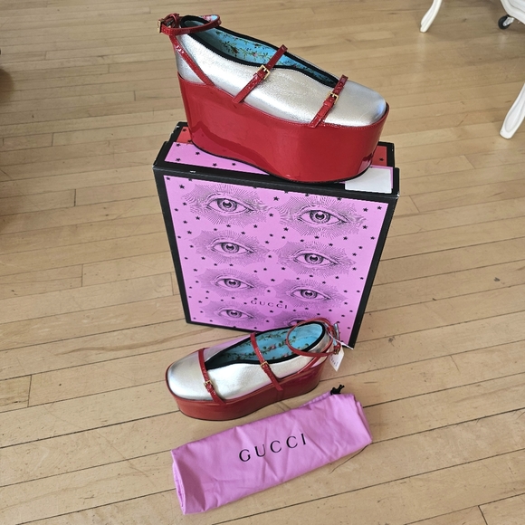 Gucci hannelore ultra platform sandals silver red floral valentines flatforms - Picture 4 of 8